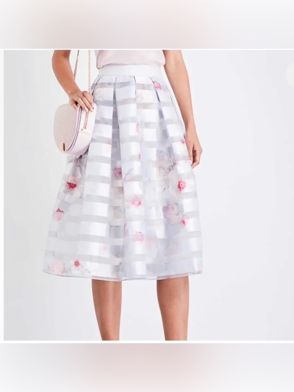 Ted Baker London-Rosaley Chelsea Grey Pink Satin Organza Midi Skirt Floral Pleat